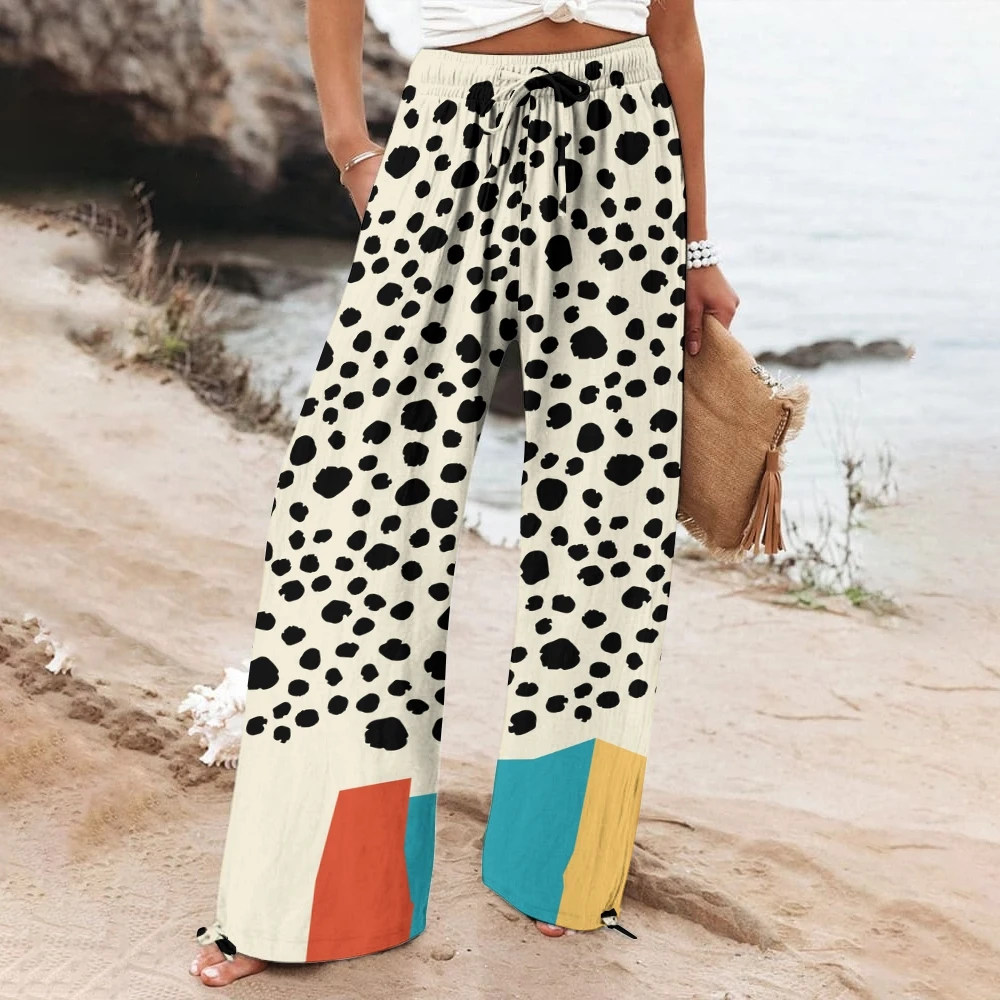 

Long Swing Leg Britches Women'S Large Ink Dot Printing Design Sense Wide Leg Pants Elastic Waist Casual Versatile Trousers