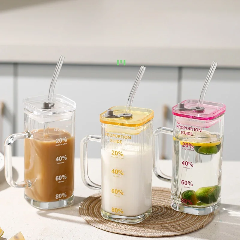 

Graduated glass cup with lid and straw with handle milk cup microwaveable transparent party beer coffee drinkware couple cup