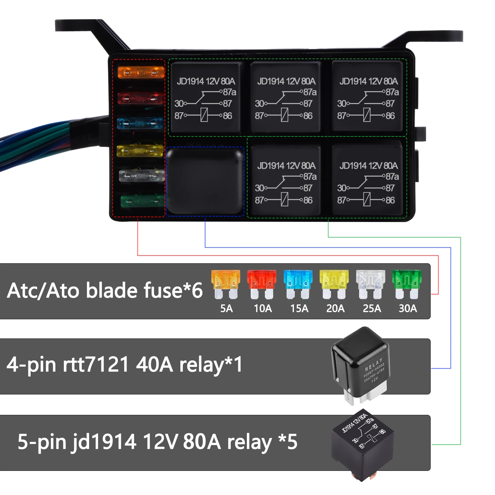 12V Fuse and Relay Box Holder 6 Slots Automotive Universal Relay Box 4 Pin 12V 40A Relay and Wiring Harness For Car