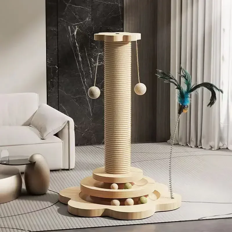 Solid Wood Pet Cat Turntable Scratch Pillar Board Sisal Climbing Frame Toy Balls Column Training Supplies Products Accessories