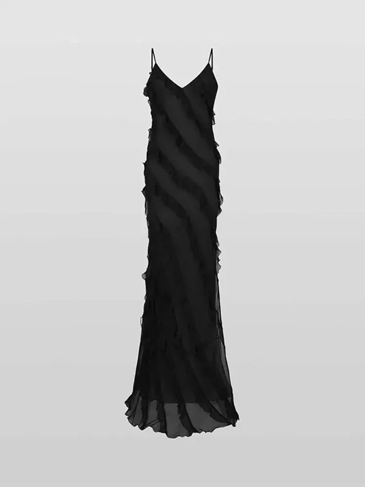 Women Black Stacked Ruffle Hem Long Dress sexy Sleeveless Backless Chiffon V-Neck Dresses 2024 New Lady Vacation Vestidos