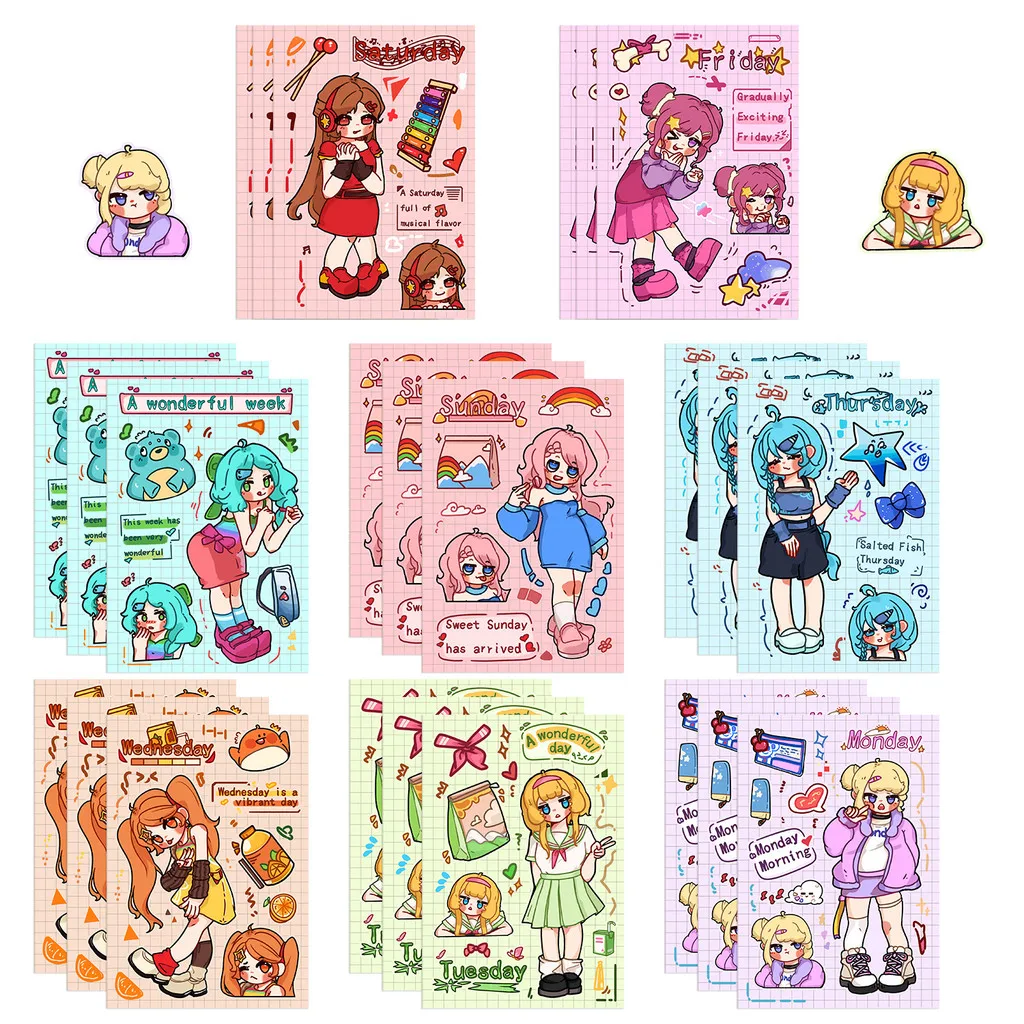 8 Styles Kawaii Girly Scrapbooking DIY Decorative Stickers Waterproof Embellishments for Journals Notebooks Water Bottles