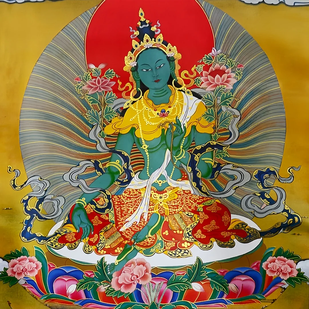 Green Tara Bodhisattva Thangka Painting, Chinese Purple Scroll Mounted, Zen Small Hanging Ornament.