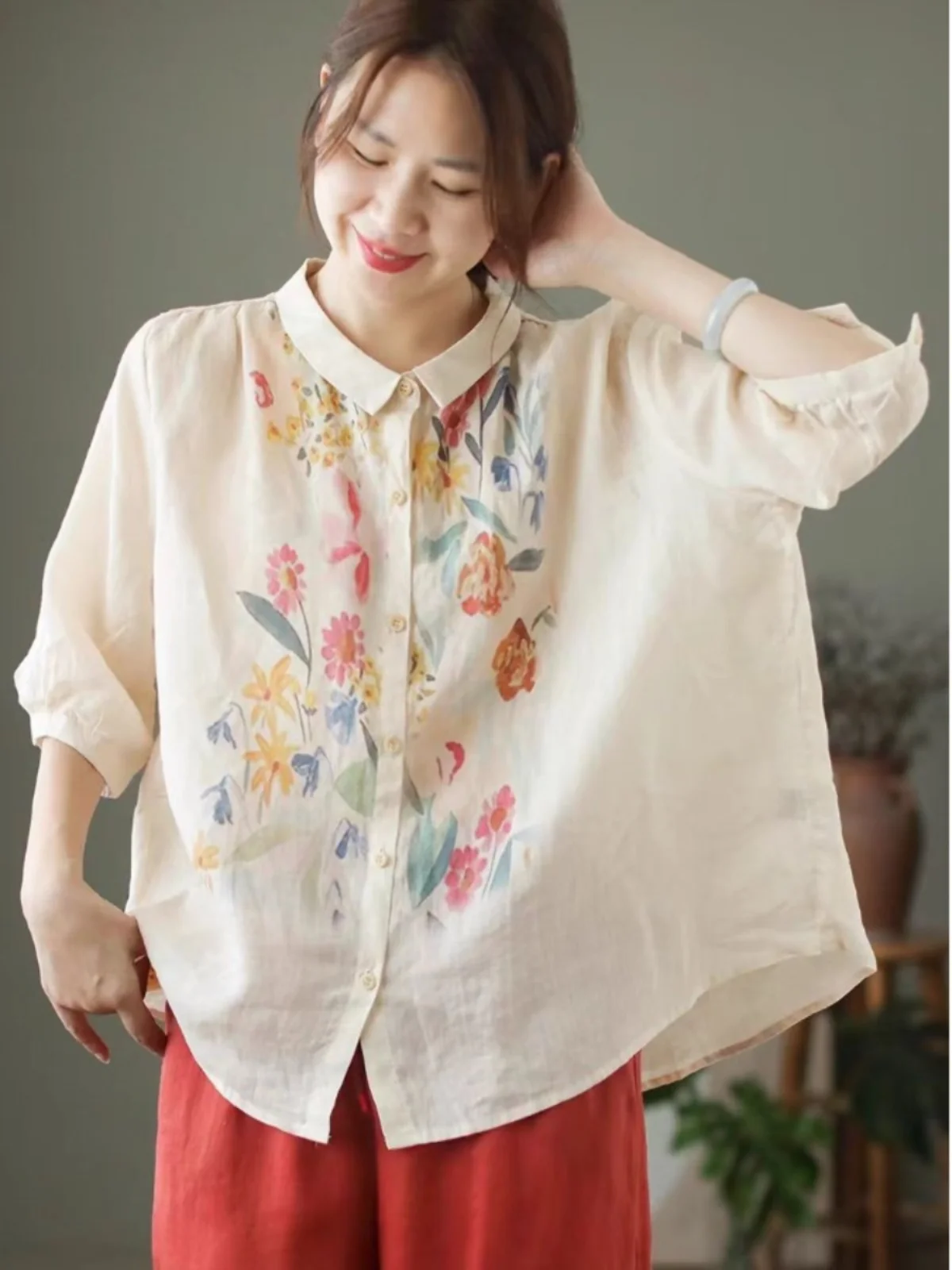 

Summer Thin Cotton Linen Printed Shirt Women's Artistic Loose Casual Lightweight Seven-Sleeve Cotton Linen Small Top