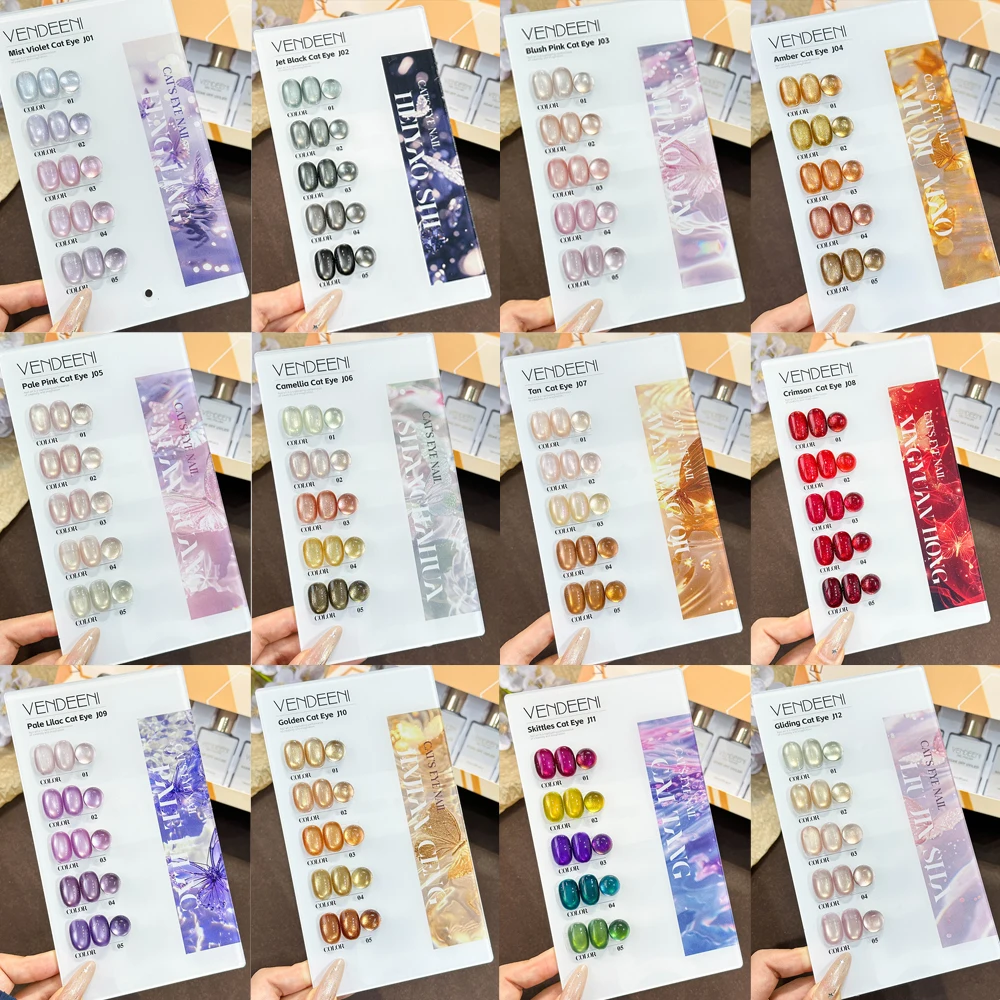 Vendeeni 5 Colors Crystal Cat Eye Nail Gel Polish Set Semi Permanent Shiny Magnetic UV Soak Off Cat Eye Gel Varnish With Display