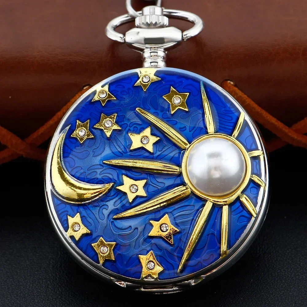 ساعة جيب كوارتز مرصعة باللؤلؤ على شكل نجمة ذهبية زرقاء، تصميم إبداعي للرجال والنساء، إكسسوارات قلادة على مدار الساعة، أفضل هدية #1