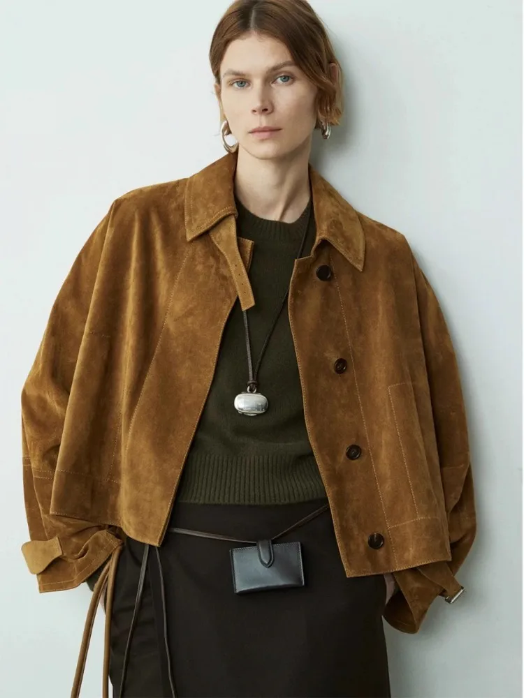 Genuine Leather Goatskin Suede Women Jacket Loose Fit Shawl Cloak Jackets Turndown Collar Real Sheepskin Outerwear Short Coat