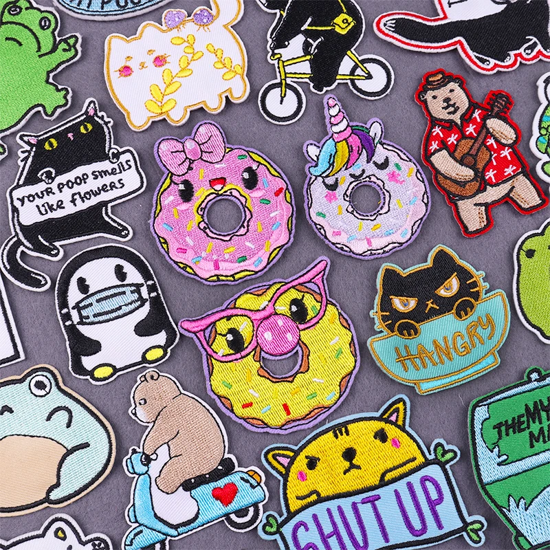 Cartoon Donut Embroidered Hook And Loop Patch Cute Animals Sew Patches On Clothes Bear Iron On Patches For Clothing DIY Stickers