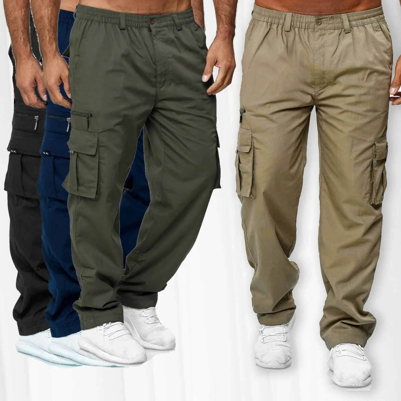 Autumn Men's Pants Multi-Pocket Cargo Pants Retro Solid Color Simple Loose Button Elastic Strap Casual Pants