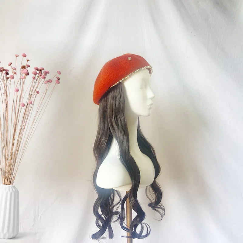 Parrucca Parrucca riccia di lana con cappello a bocciolo di fiore alla moda Stesso stile come quella delle celebrità di Internet Parrucca con cappello staccabile