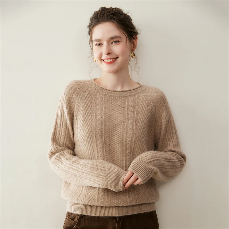 New Chic Women 100% Cashmere Sweater Cable Knit Curl O-Neck Pullover Shirt Autumn Winter Soft Thick Warm Bouse Woman Top Clothes