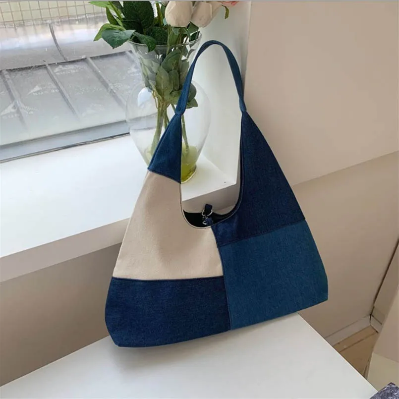 Denim Campus Unisex Large Capacity Patchwork Color Shoulder Handbag Armpit Dumpling Women Hobos Bag Jean Purse