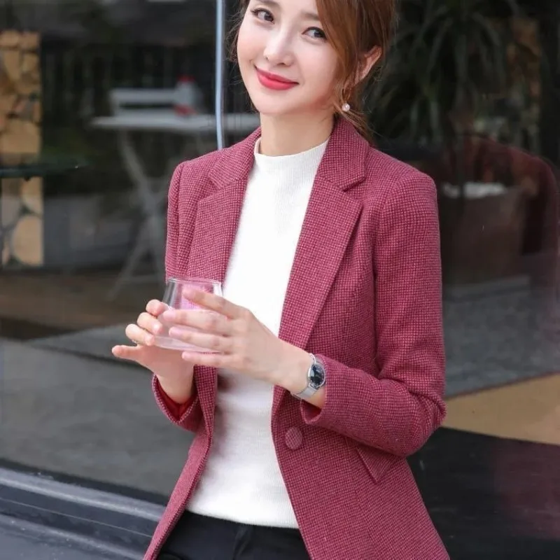 

Spring and Autumn New Long-sleeved Woolen Small Suit Slim Female Slim Small Coat Red Woolen Suit After Warm Coat Large Size 6XL