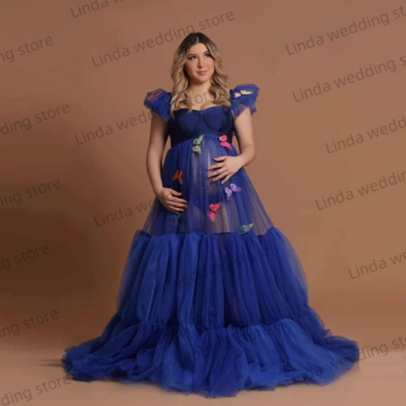 Blue Maternity Gowns for Photography A Line Butterfly Tulle vestido de fiesta Girls Wear Vintage Pregnant Babyshower Robes