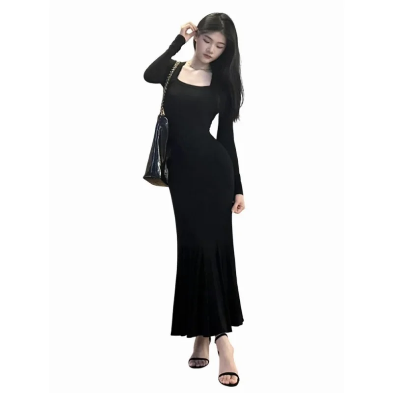 

Black Square-Neck Long-Sleeve Knitted Fishtail Dress, Elegant Waist-Cinching Bodycon Dress, Slimming Long Dress Spring