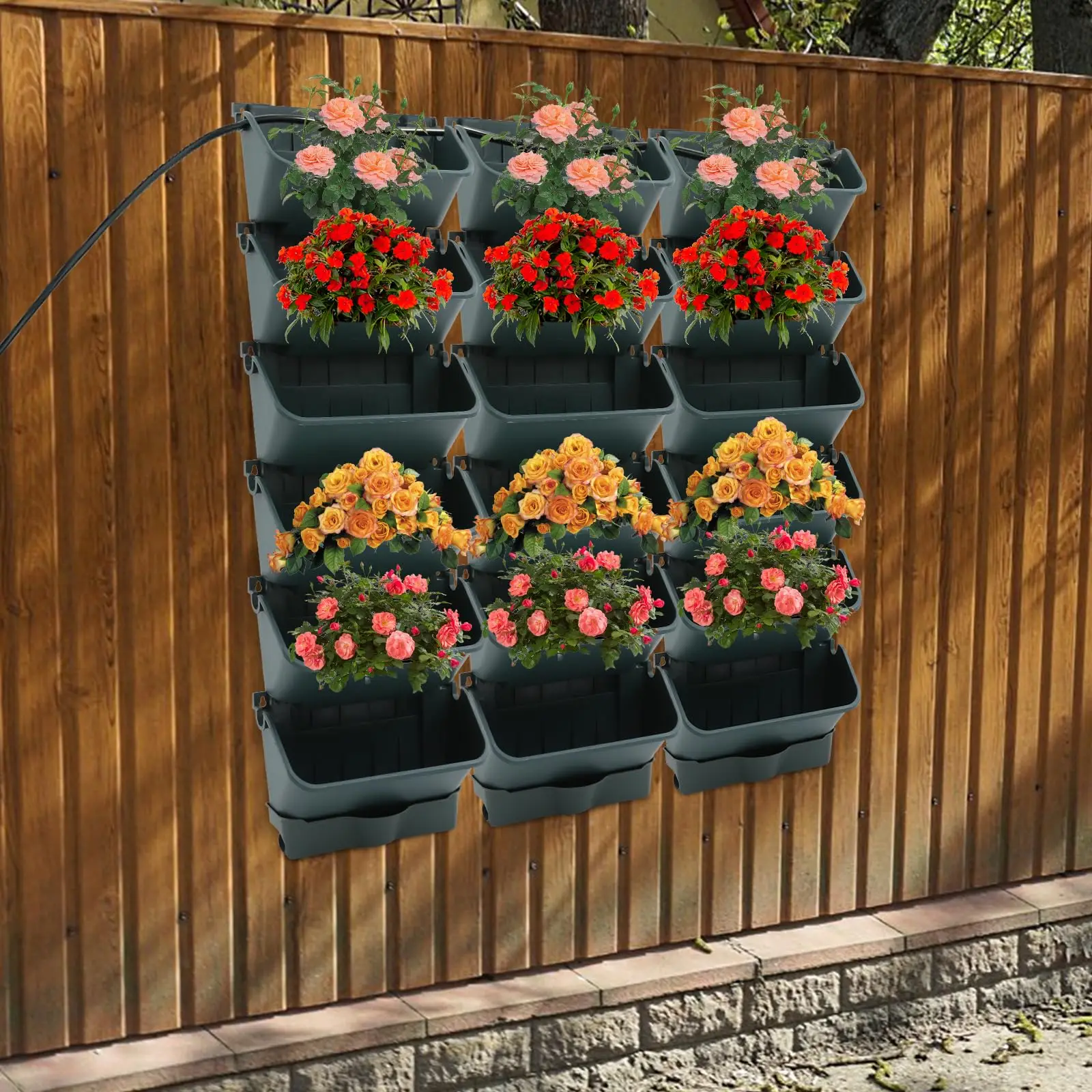 Plantador de parede com rega automática, conjunto de plantador de jardim vertical com 18 potes, vasos de cultivo de plantas empilháveis com temporizador eletrônico fo