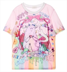 Japanese Harajuku Cute Retro Printed Cartoon Anime Letters Rainbow Unicorn Short sleeved Loose fitting Women's T-shirt