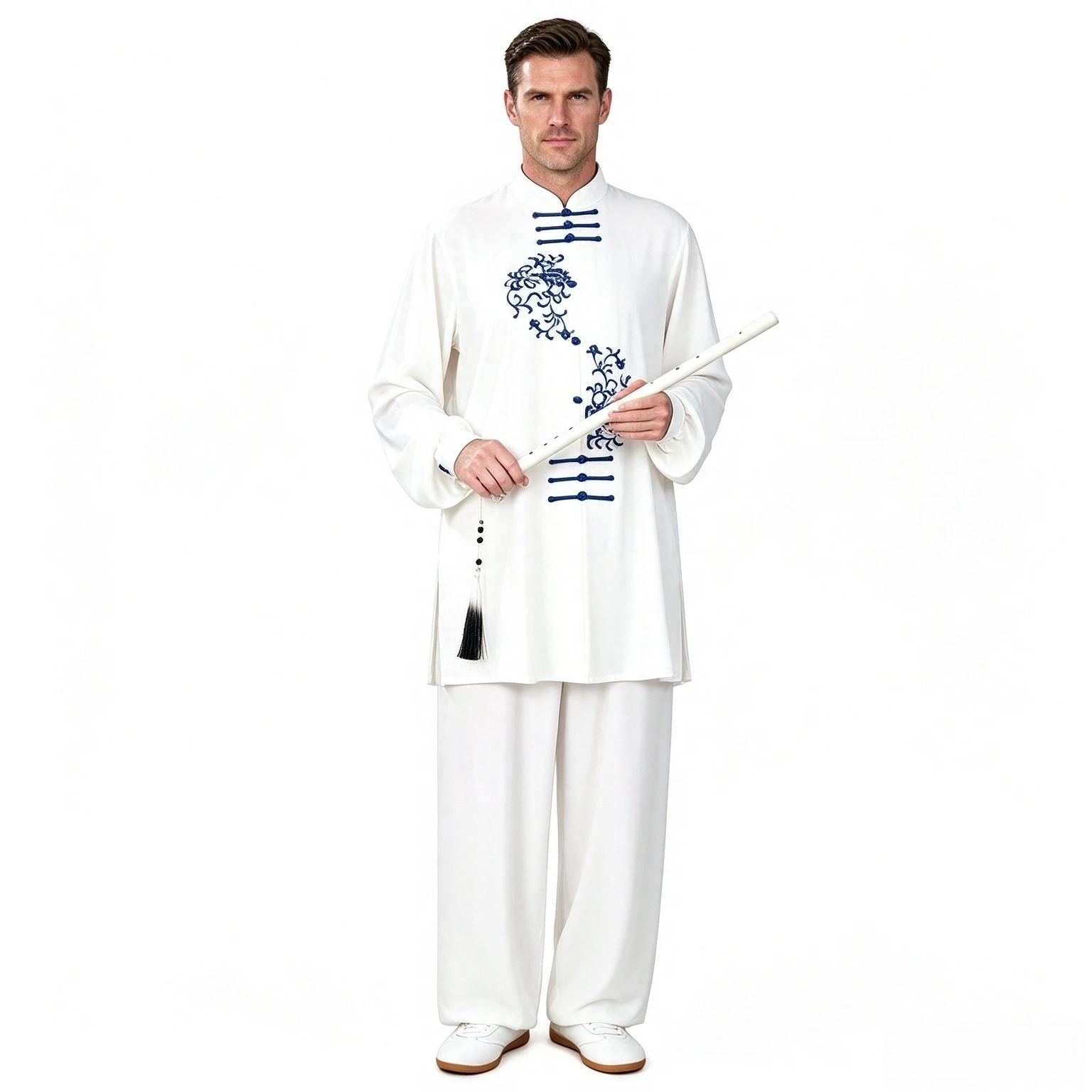Men Women Taijiquan Outfit Rich Flower Embroidery Pearl Elastic Cotton Traditional Chinese Martial Arts Training Costume
