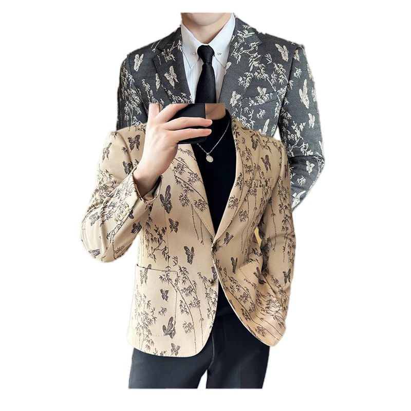 2024  Autumn Khaki Elegant Floral  Blazer Men, Dark Gray Business Casual Slim Fit Textured Printed Mens Jacket, Asian Size M-4XL