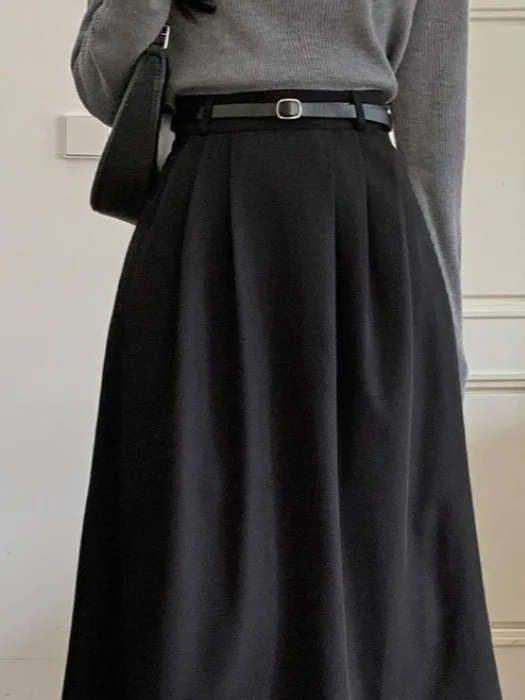 

Slimming A-Line Skirt Women's Faion High Waist Pleated Suit Skirt Loose Pleated Skirt with Belt Korean Sle Commute