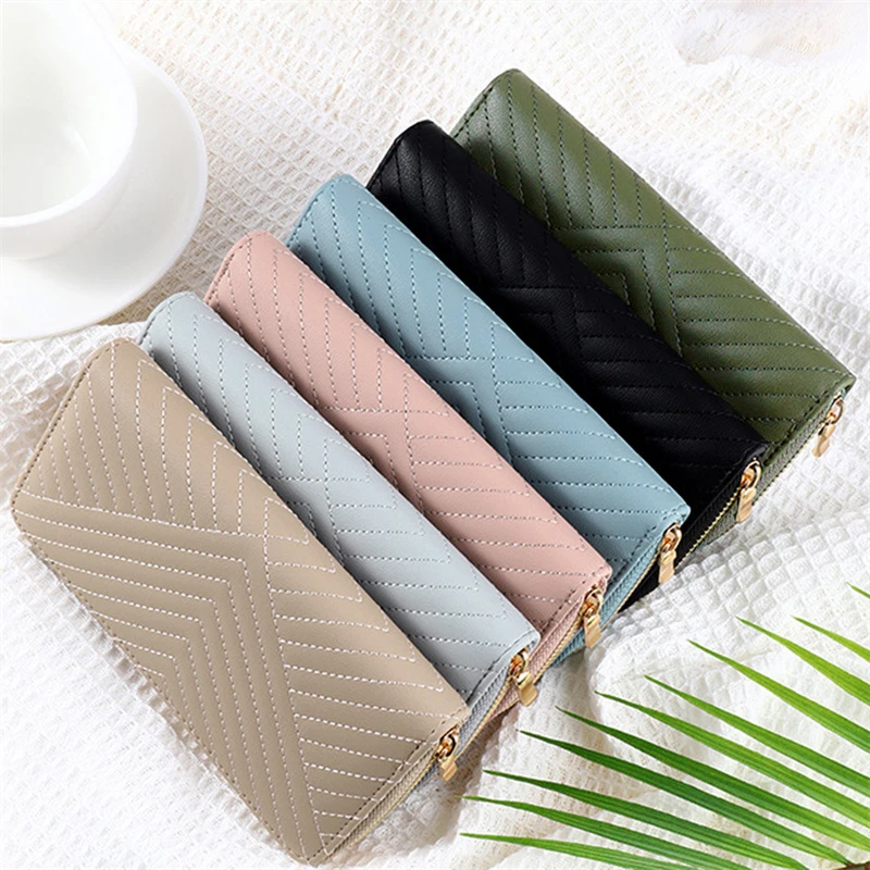 

New fashion solid color PU wallet girls zipper print clutch bag temperament simple sewing line coin purse