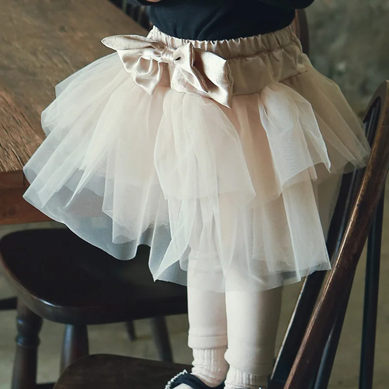 

Children Clothing Korean Style Girls Fleece Leggings Bow Mesh Skirt Casual Simple New Fashionable Girls Warm Skirt Pants