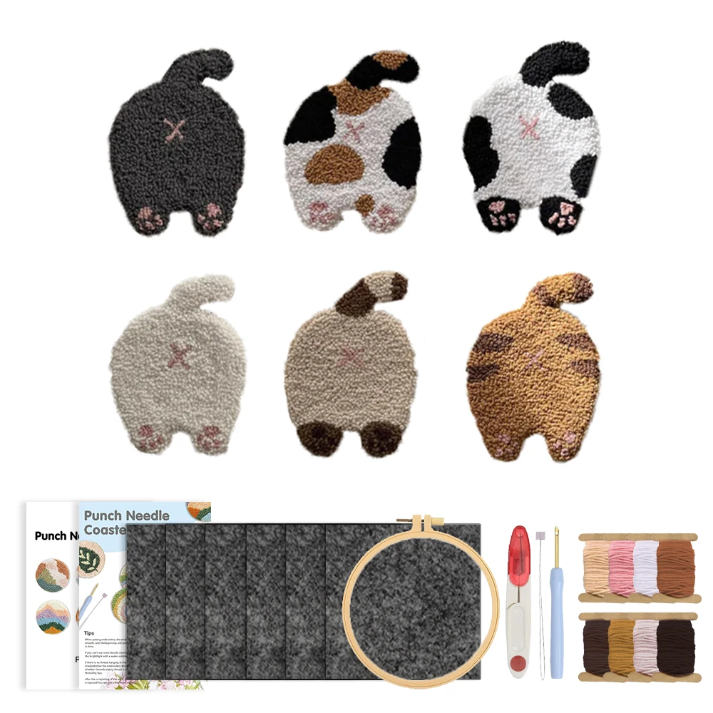 

Kitten's butt Print Cute 6 Pattern Punch Needle Coaster Kit for Beginners Tufted Rug Pads with Adhesive Felt Yarns Embroidery