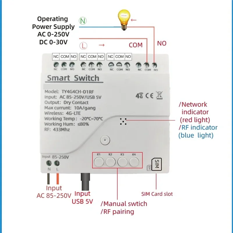 Y43A-Tuya Smart Switch 4G LTE Relay With RF 433Mhz Smart GSM Switch APP Wireless Control 4G 4CH Remove Controller