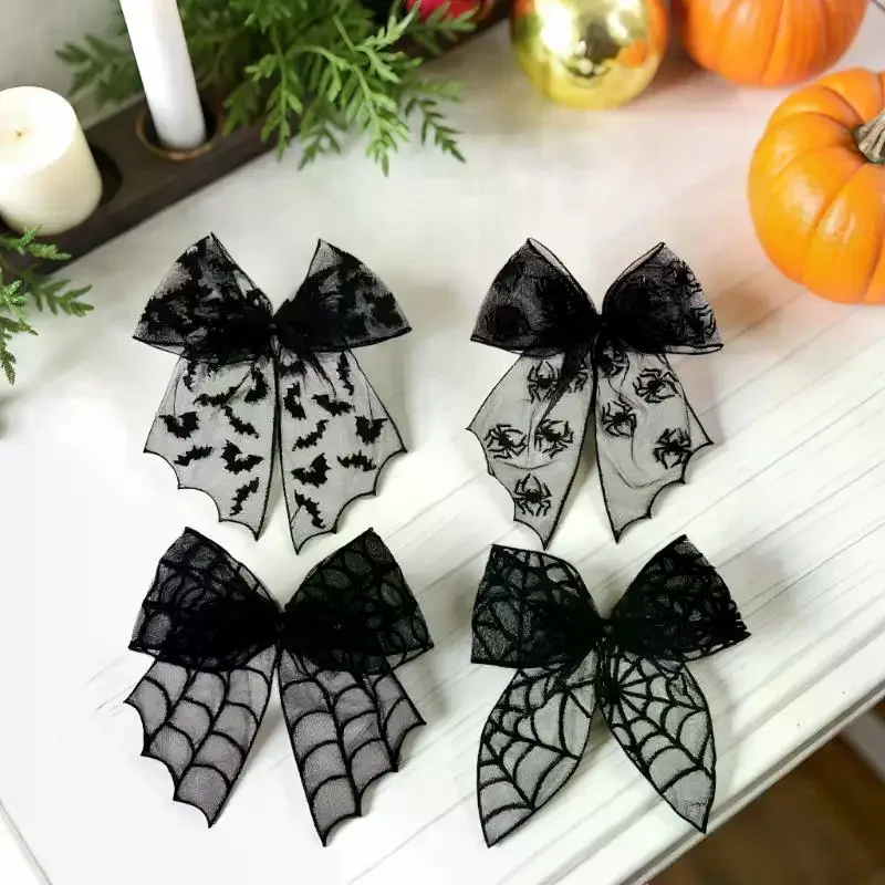 

Black Bow Hair Clips Bat Embroidery Lace Tulle Veil Gothic Hairpins Spooky Halloween Cosplay Hair Accessories For Women Girls