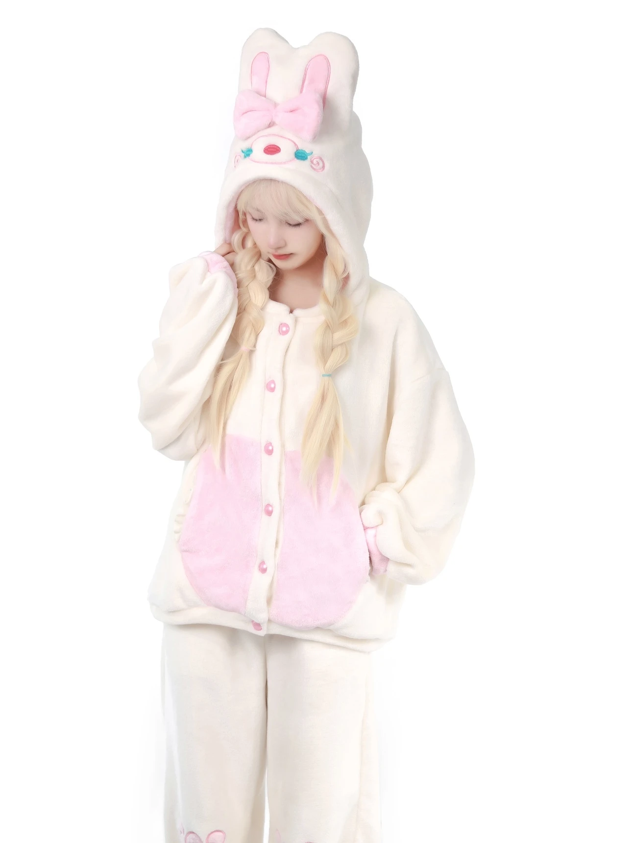 Women's Thickened Coral Fleece Rabbit Pajama Set Hooded Single Breast Bow Big Pockets Sleepwear 2024 Winter Home Clothes