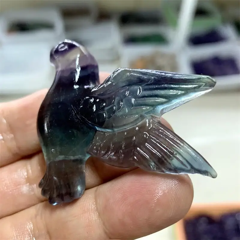 

Natural Rainbow Fluorite Bird Carving Healing Crystal Stone Birthday Present Home Office Decoration 1PCS