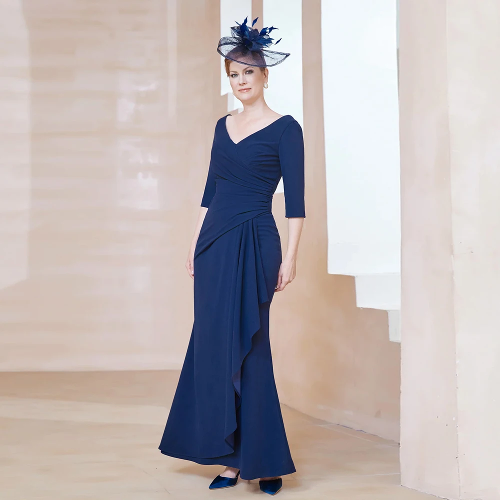 

Simple Navy Mother of the Bride Dresses V Neck 3/4 Sleeves Wedding Party Gowns Pleat Ankle Length Mermaid 2024 فساتين السهرة