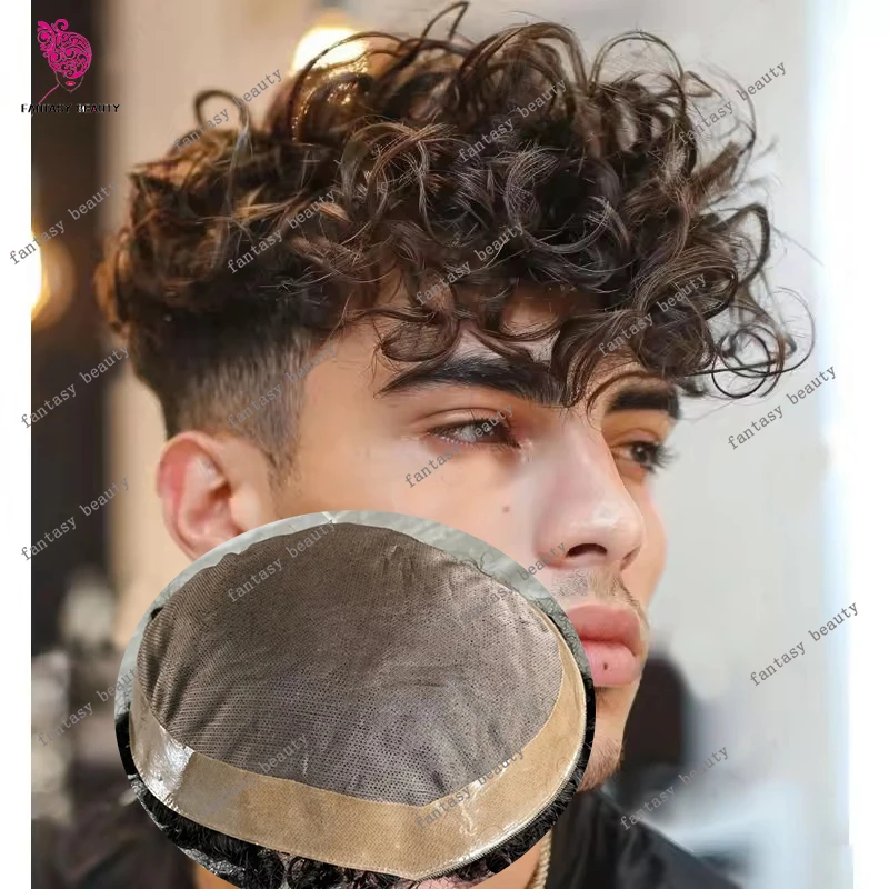 28mm Natural Curly European Blonde Human Hair Toupee Black Brown Hair Capillary Prosthesis Super Durable Fine Mono NPU Hairpiecs