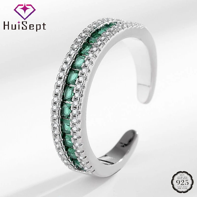 

HuiSept Elegant Women Rings 925 Silver Jewelry with Emerald Zircon Gemstone Wedding Engagement Party Promise Gift Accessories