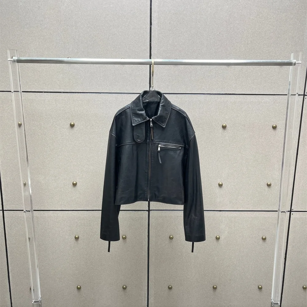 سترة نسائية شتوية من الجلد الطبيعي لعام 2025 مع سحاب، نمط دراجة نارية بسيط غير رسمي، ملابس خارجية، معطف Y2K جديد عالي الجودة