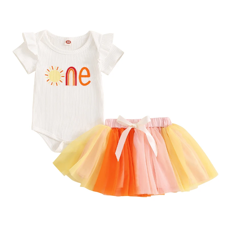 

Baby Girls Birthday Outfit Letter Print Short Sleeve Rompers and Colorful Tulle Skirt Set Summer Cute Clothes