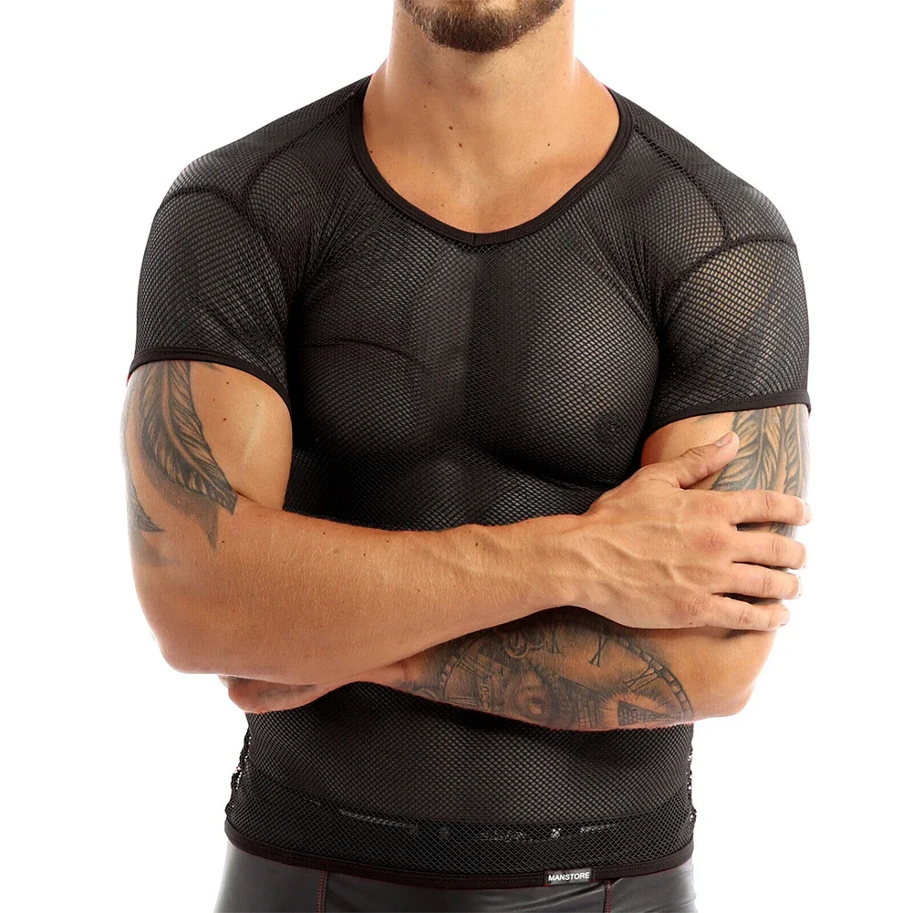 Mens Sexy See Through Tank Vest Mesh Breathable Shirt Fishnet T-Shirt Muscle Crop Top Night Clubwear Party Top Stage Performance