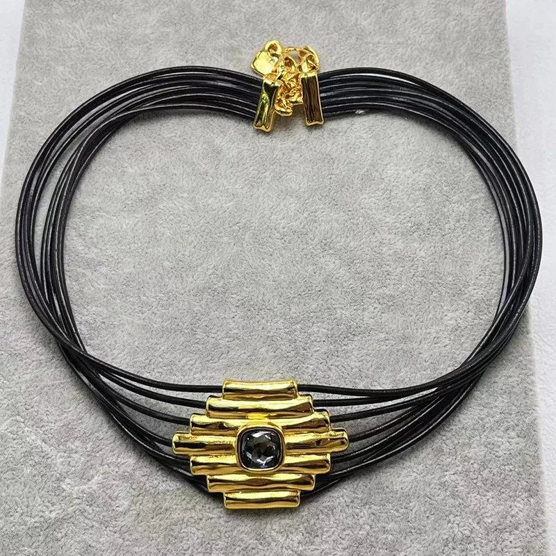 European and American unique elegant black crystal multi-level leather rope necklace women's jewelry