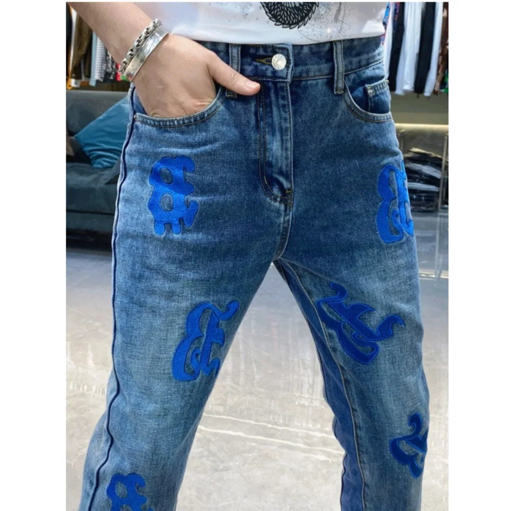 

Men's Casual Straight Legs Pants Royal Blue Letter Embroidered Jeans Fashion Contrast Gusset Party Pantalones Streetwear