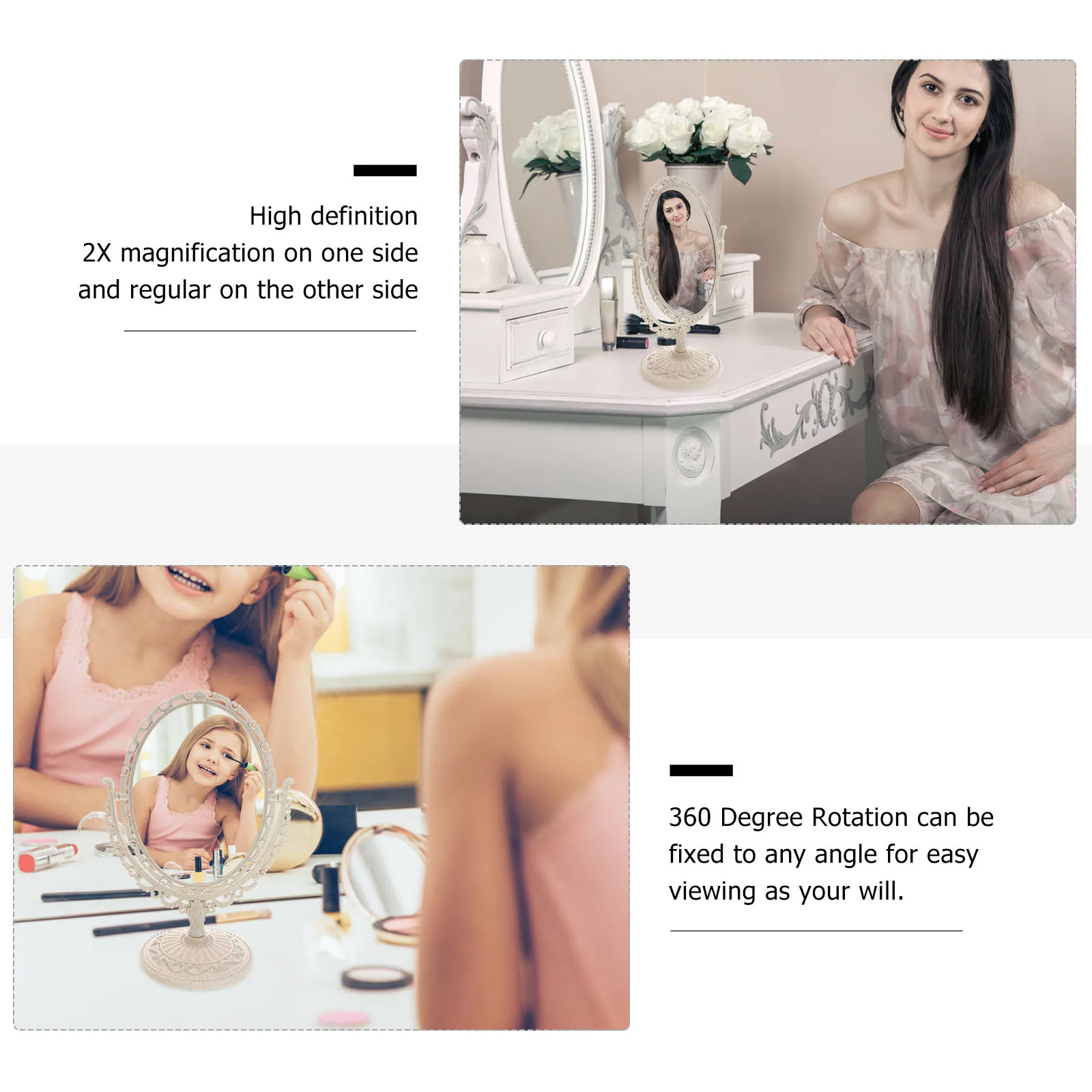 Ovale beige dubbelzijdige desktop make-upspiegel 2x vergroting 360 graden draaibare make-upspiegel