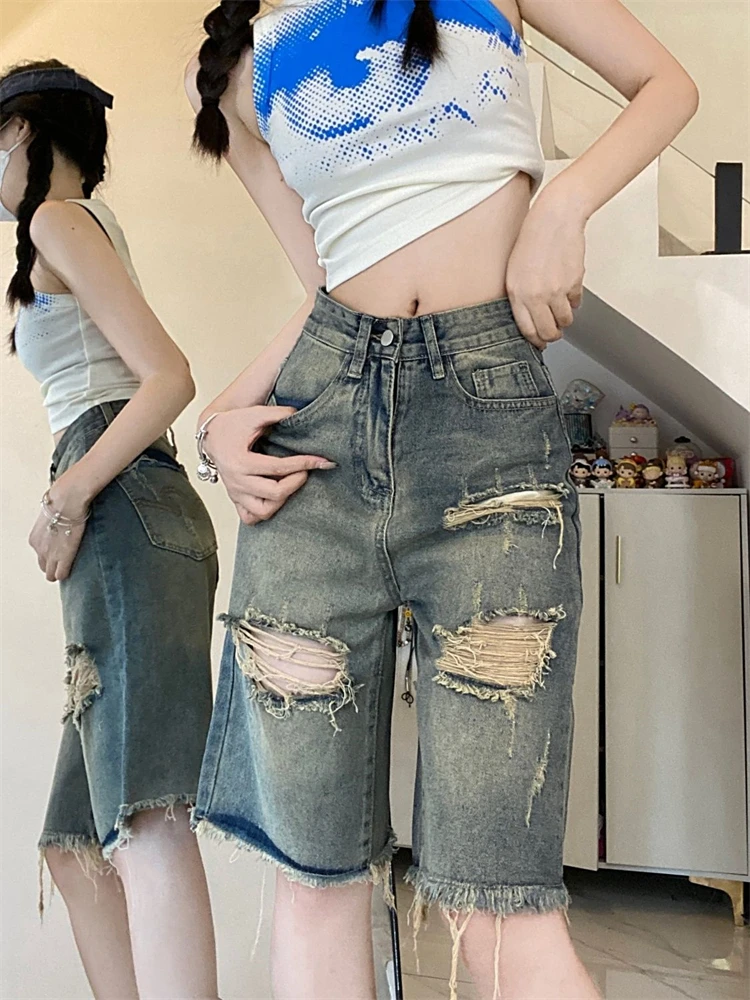 Women's Irregular Hole Design Wide Leg Denim Shorts Summer New Street Style Young Girl Casual  Female Straight 5/4 Hot Pants