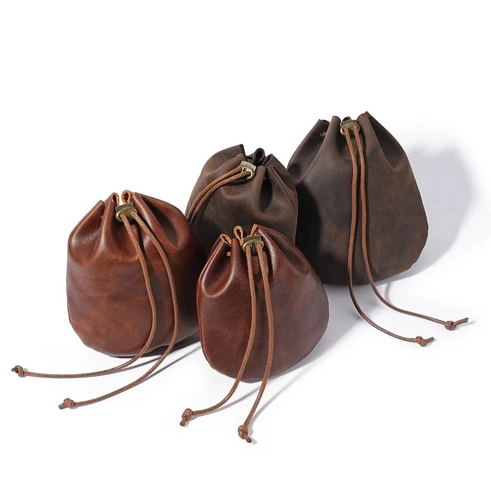 Portable Leather Drawstring Pouch Genuine Leather Retro Jewelry Storage Bag Nordic Style Coin Holders Coin Jewelry Storage