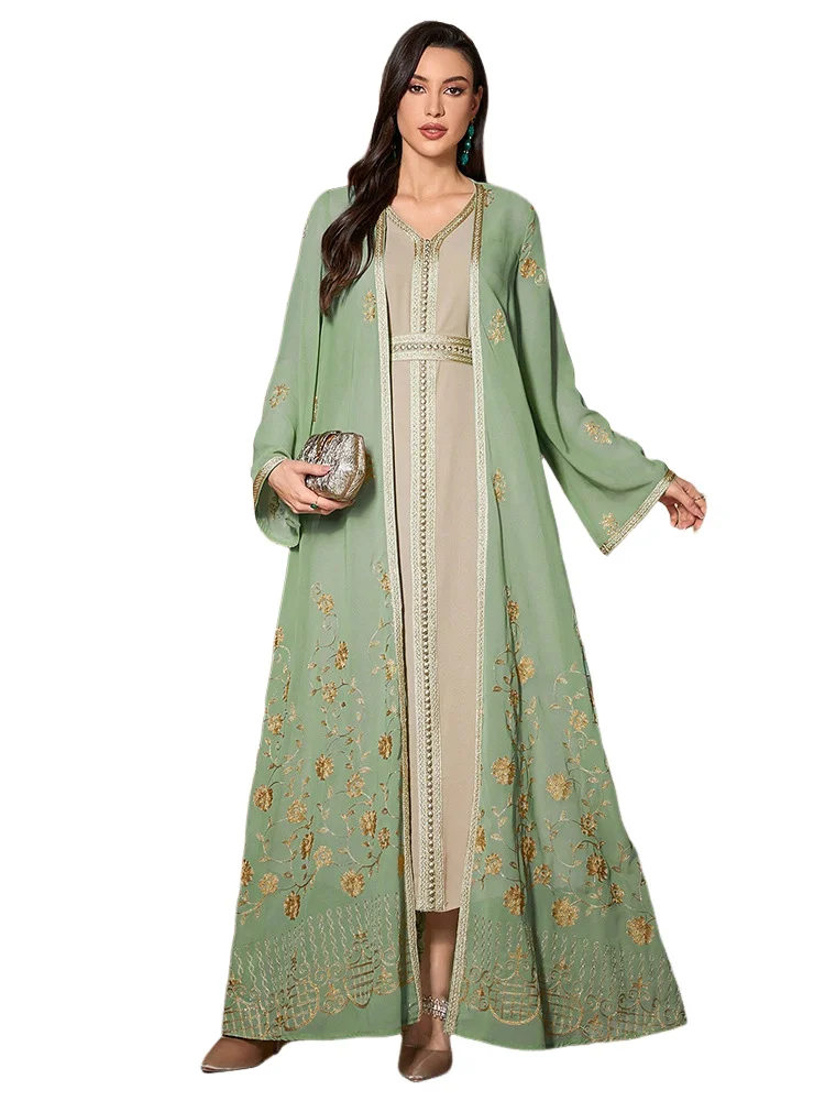 

Women Floor-Length Dresses Middle Eastern Muslim Chiffon Embroidered Two-piece Dress Elegant Daily Commute Dubai Robe Ramadan