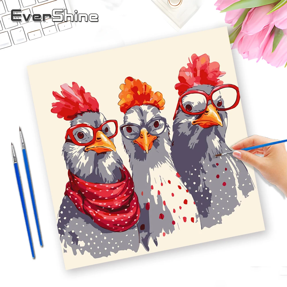 Evershine Malen nach Zahlen Set Huhn Handgemaltes Kunstwerk Tier Neuheiten Rahmenlose Wanddekoration