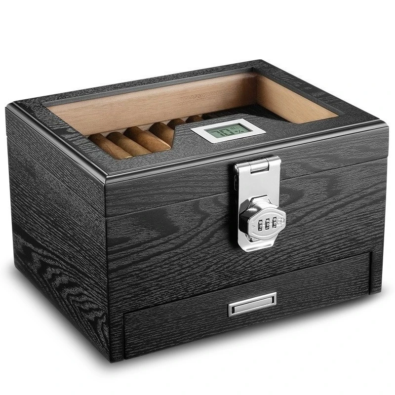 

Cigar Humidor with Safety Lock and Thermometer Double-layer Large-capacity Cedar Wood High-perspective Window Cigar Box