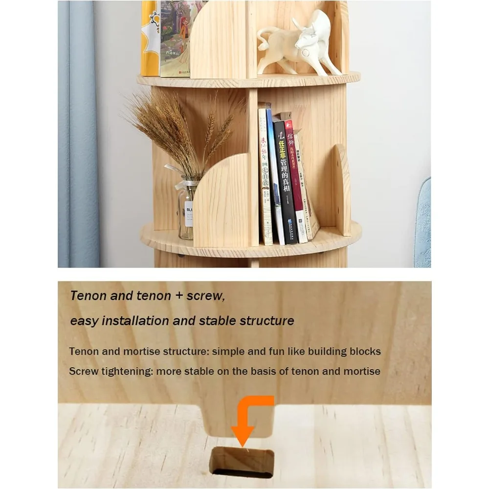 Rotating Bookshelf 360 Degrees, 4 Tier Stackable Solid Wood Bookshelf Organizer, Storage Display Rack Floor