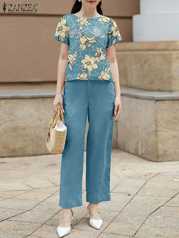 ZANZEA Elegant Floral Print Short Sleeve Top Casual Pant Sets Women Summer Solid Straight Pant 2pcs Outfit Commute Trouser Suits