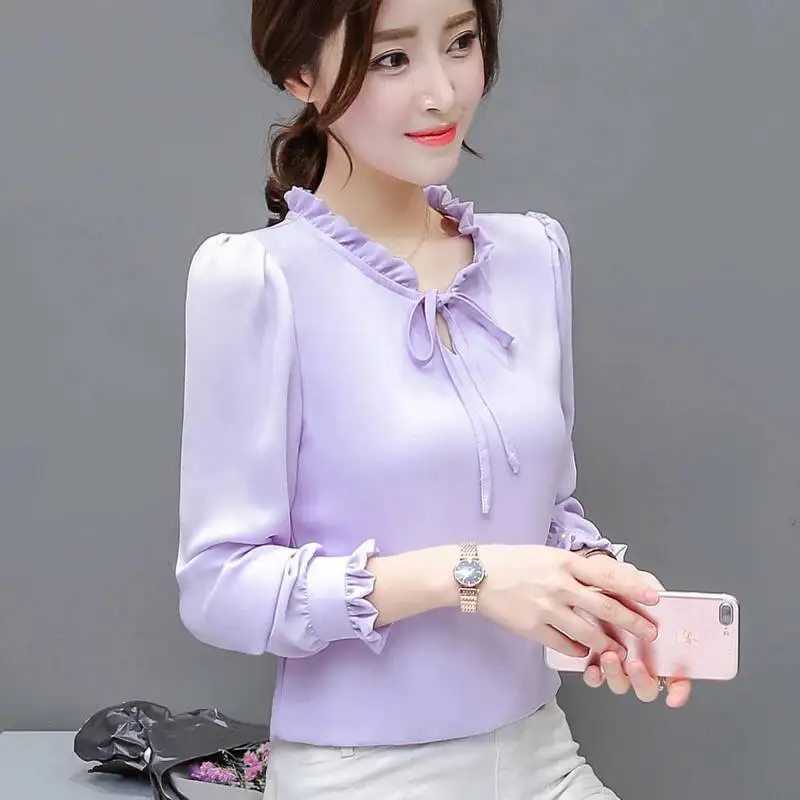 Spring Autumn New Loose Bow Chiffon Shirt Tops Long Sleeve Solid Color Lacing Plus Size Blouse Fashion Office Lady Women Clothes