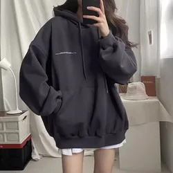 100% Cotton Letter Print Loose Sweatshirt Women Autumn Korean Oversized Lazy Style Casual Hoodie Harajuku All Match Streetwear