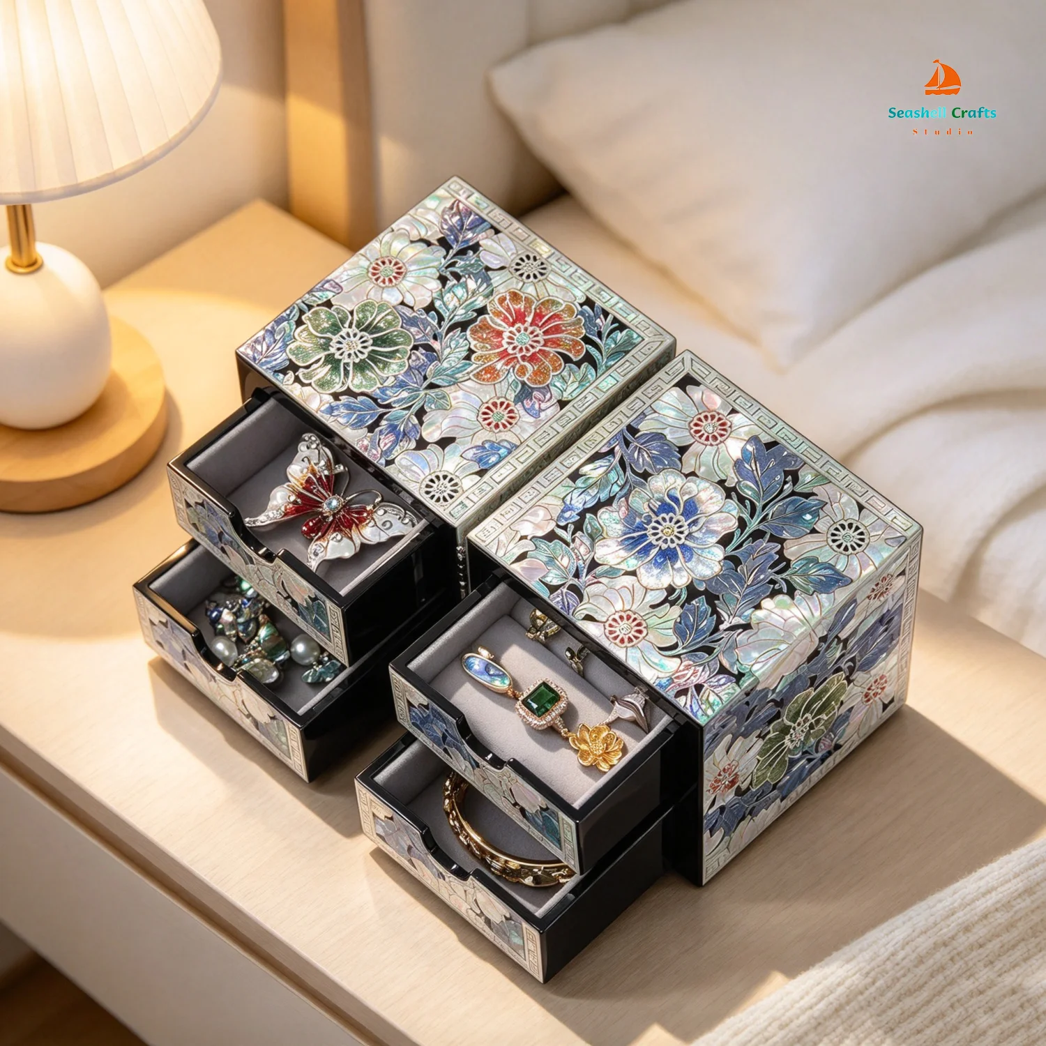 Mother of Pearl Travel Lacquer Wood Drawer Jewelry Ring Earrings Chest Box Case Sea Shell Inlaid Wooden Cube Jewelry Organizer